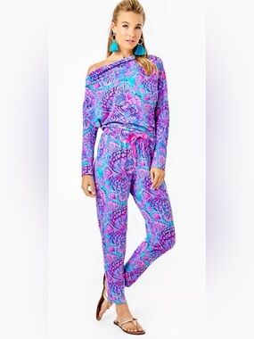 Lilly Pulitzer Pink & Turquoise Floral Off-Shoulder Jumpsuit